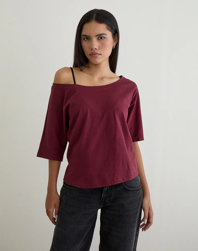 Daimin Off the Shoulder Top in Jersey Maroon - Image 2