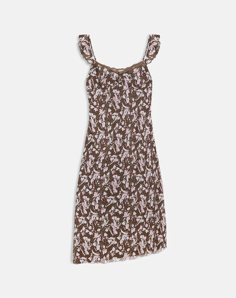 Daita Midi Dress in Chiffon Polka Flower Brown - Image 3
