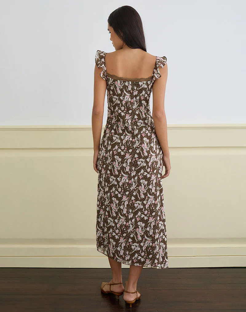 Daita Midi Dress in Chiffon Polka Flower Brown - Image 4