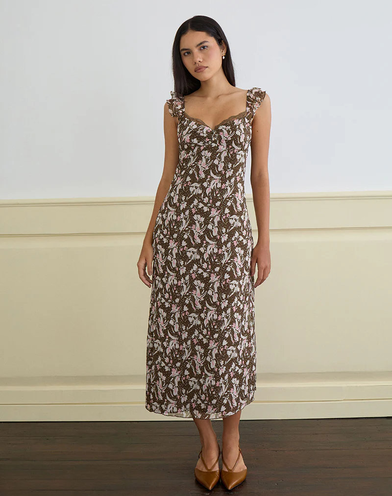 Daita Midi Dress in Chiffon Polka Flower Brown - Image 5