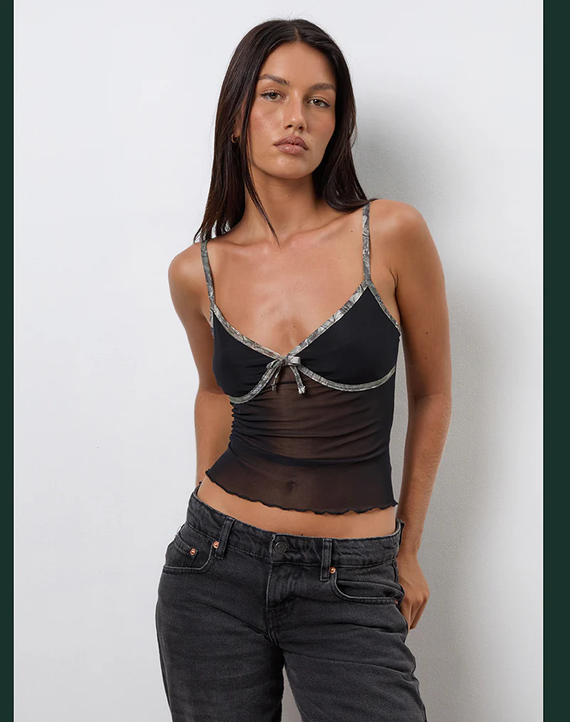 Dalan Cami Top in Black Mesh with Forest Camo Trim - Image 3