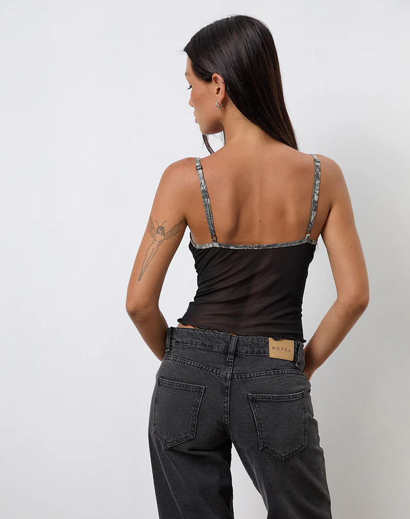 Dalan Cami Top in Black Mesh with Forest Camo Trim - Image 4