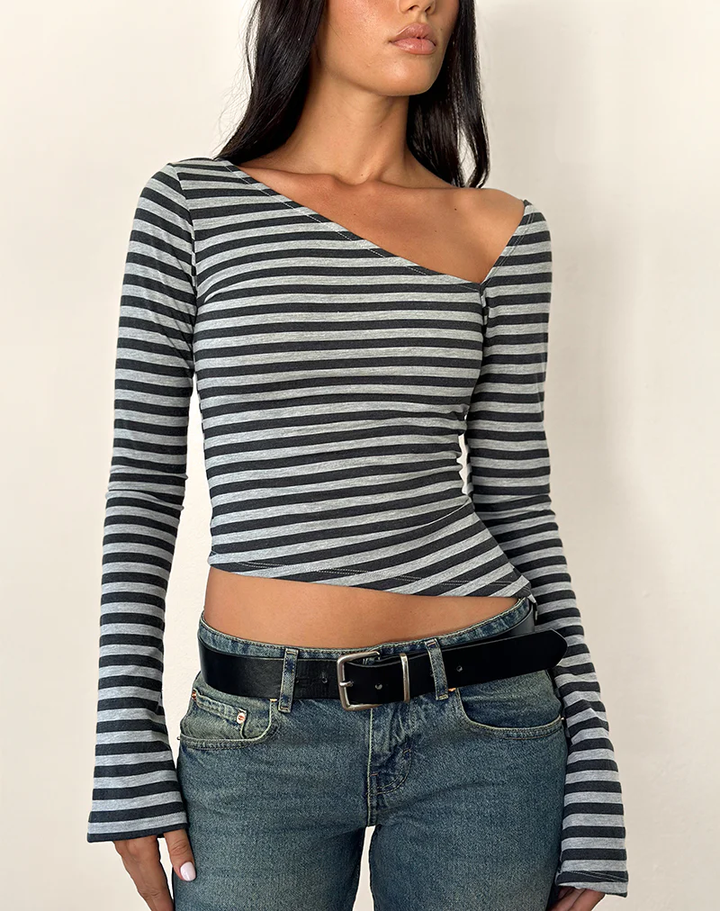 Dalene Asymmetric Long Sleeve Top in Grey and Black Stripe - Image 2