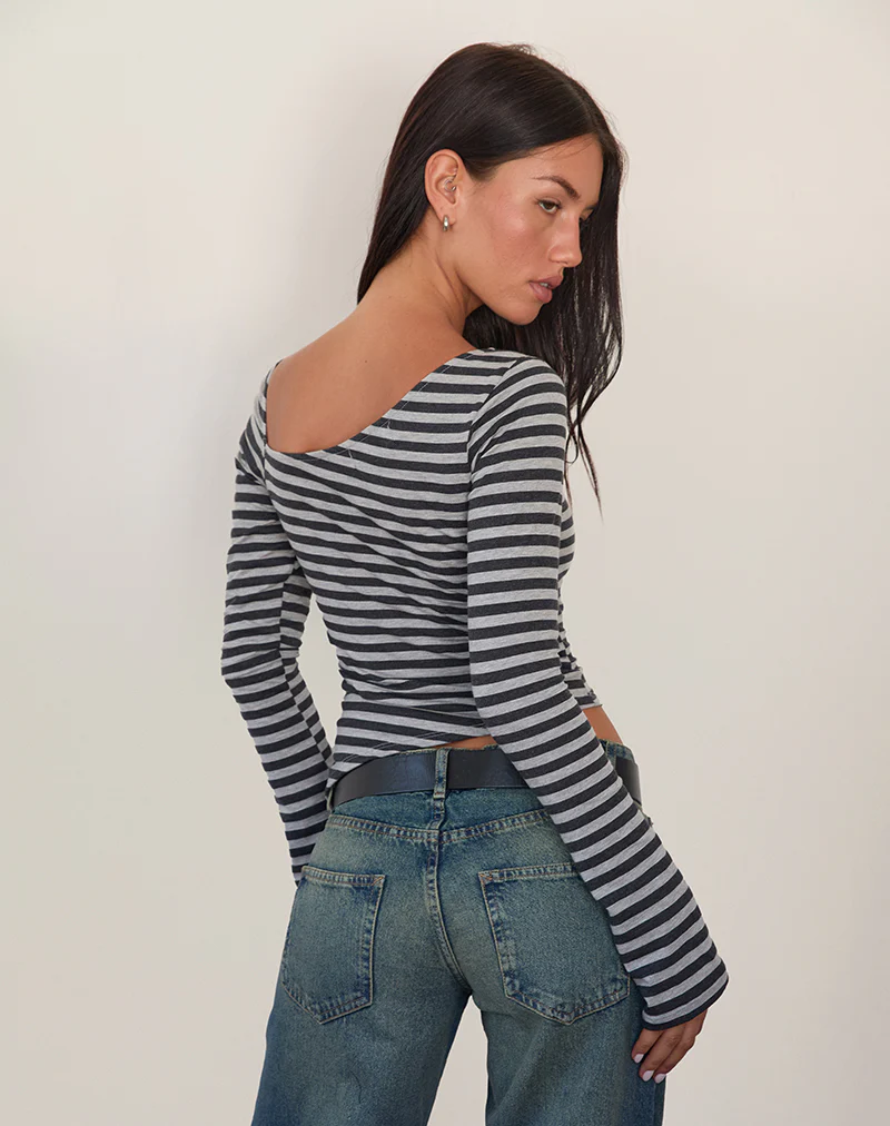 Dalene Asymmetric Long Sleeve Top in Grey and Black Stripe - Image 3