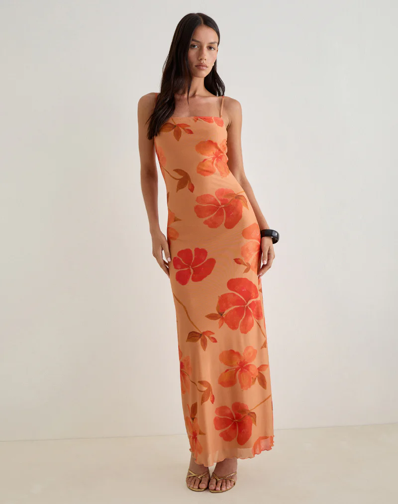 Dalesio Maxi Dress in Watercolour Hibiscus Orange - Image 5
