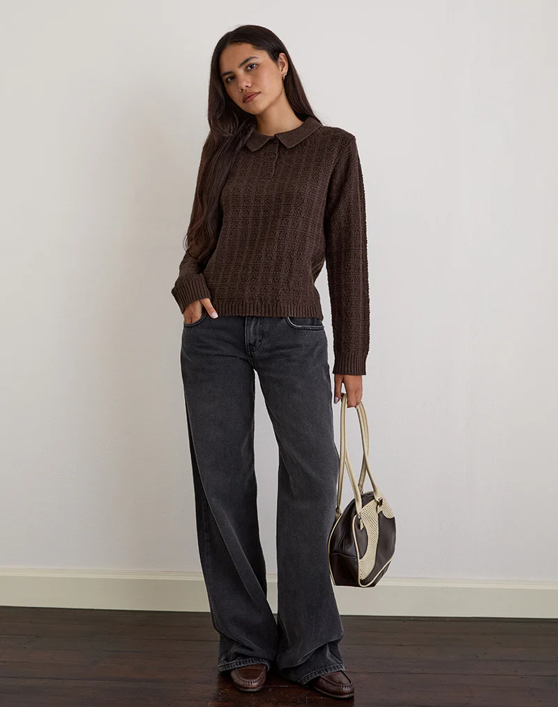 Dalina Knit Jumper in Check Brown - Image 5