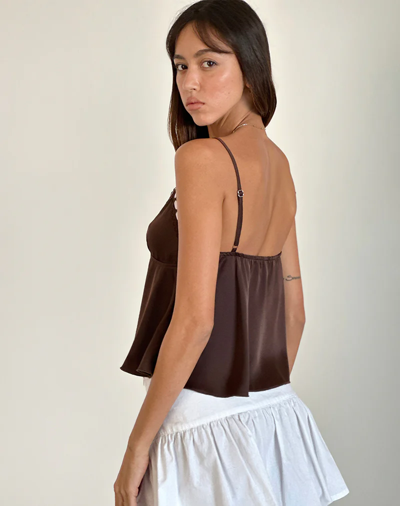 Dalinda Cami Top in Brown with Pink Rosette - Image 3