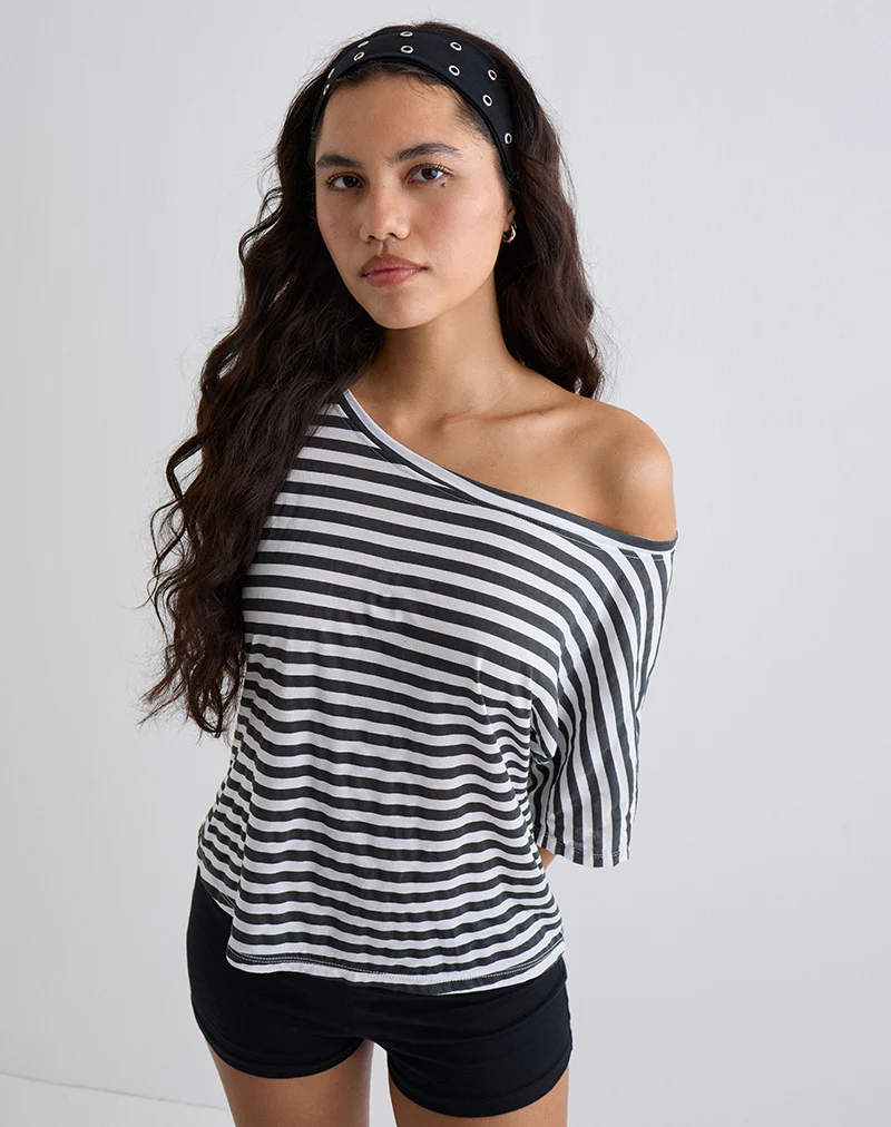 Daman Off Shoulder Basic Top in Ivory with Charcoal Stripe - Image 3