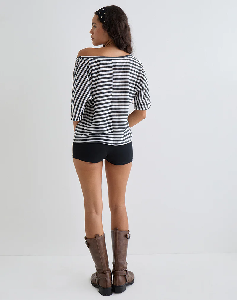 Daman Off Shoulder Basic Top in Ivory with Charcoal Stripe - Image 5