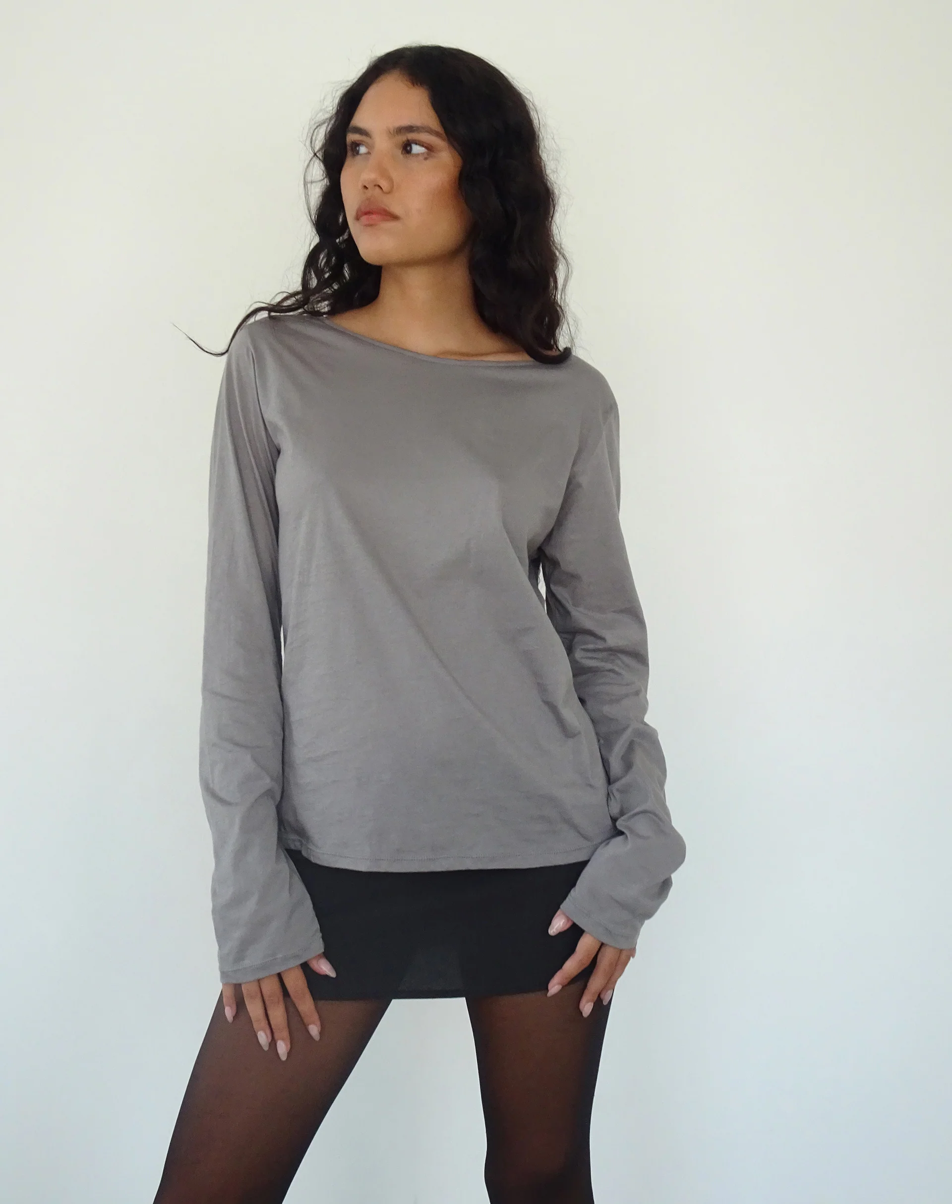 Damon Baggy Long Sleeve Top in Elephant Grey Tissue Jersey - Image 4