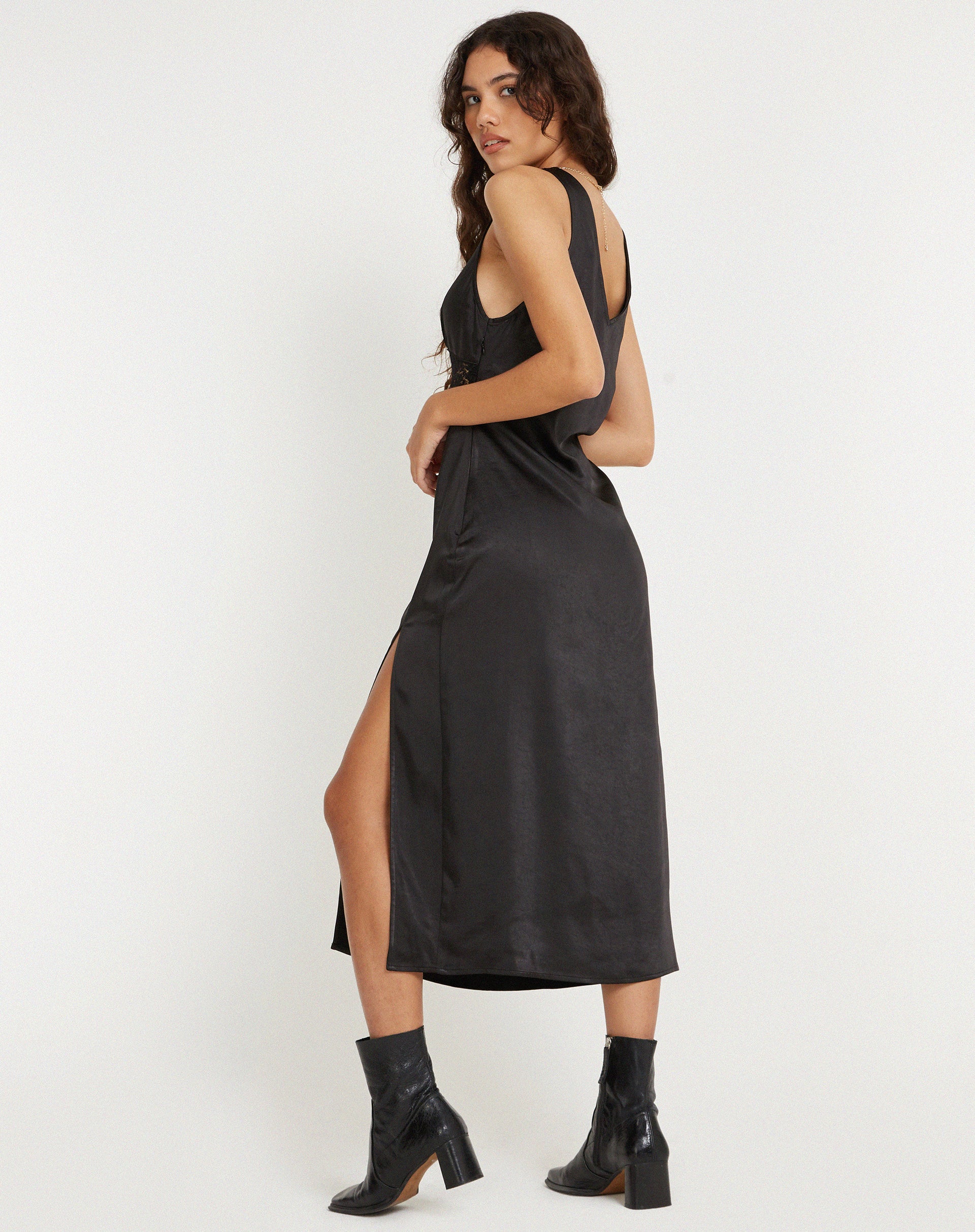 Damora Midi Dress in Satin Black - Image 3