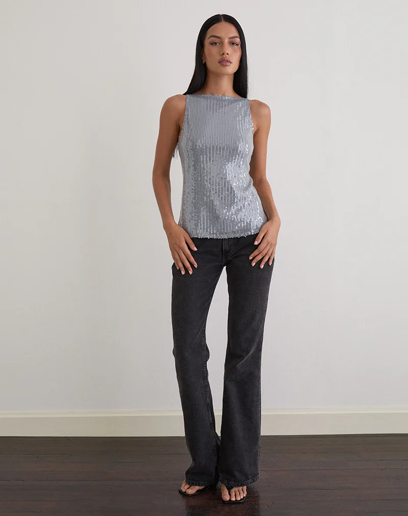 Damske Vest Top in Clear Tinted Sequin Grey - Image 2