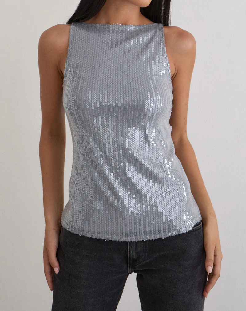 Damske Vest Top in Clear Tinted Sequin Grey - Image 3