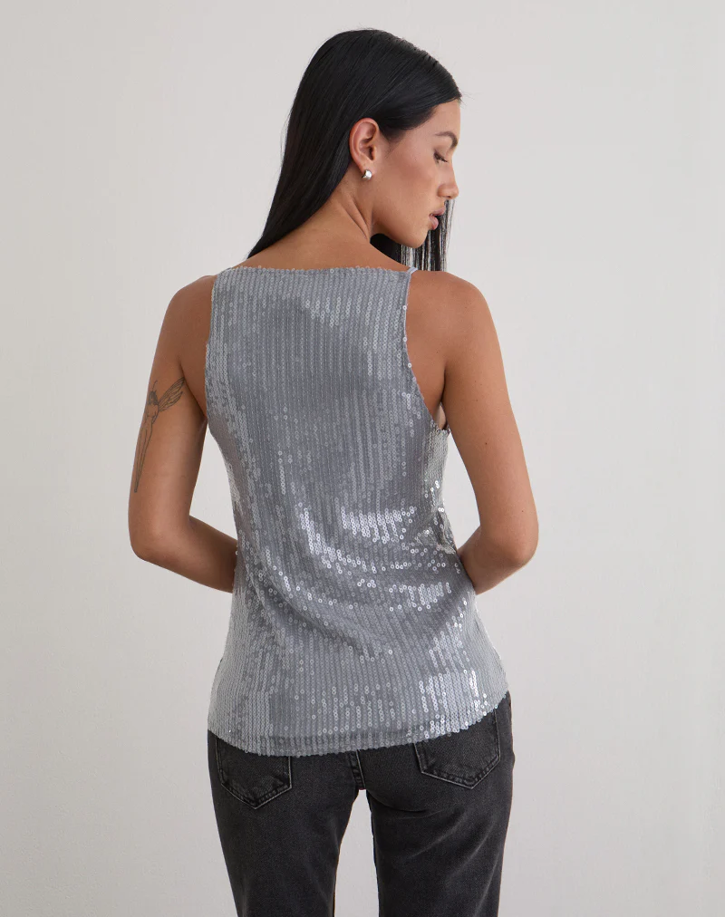Damske Vest Top in Clear Tinted Sequin Grey - Image 5