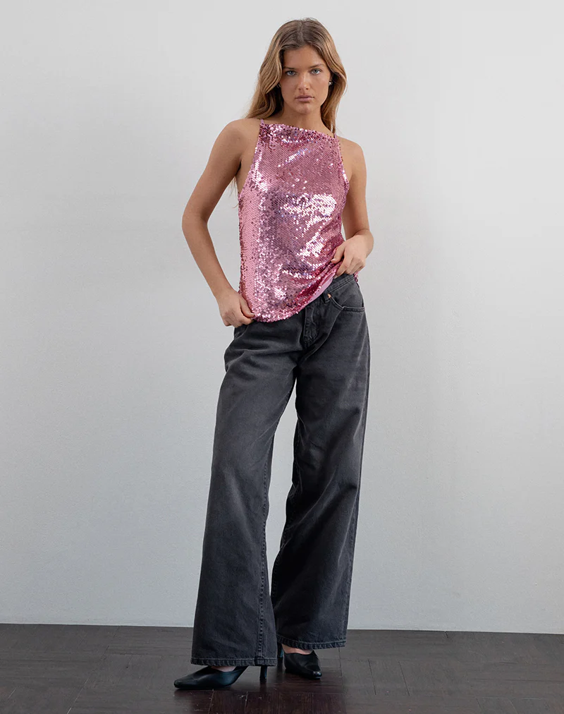Damske Vest Top in Pink Sequin - Image 2