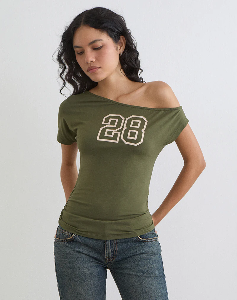 Danama One Shoulder Top in Rayon Jersey Grape with '28' Graphic