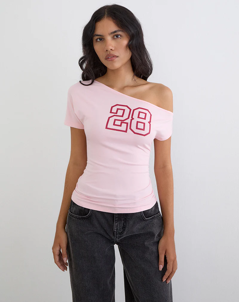 Danama One Shoulder Top in Rayon Jersey Light Pink with '28' Graphic