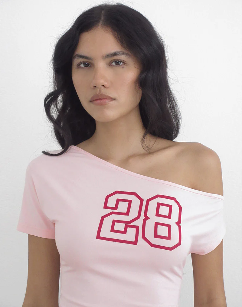 Danama One Shoulder Top in Rayon Jersey Light Pink with '28' Graphic - Image 2