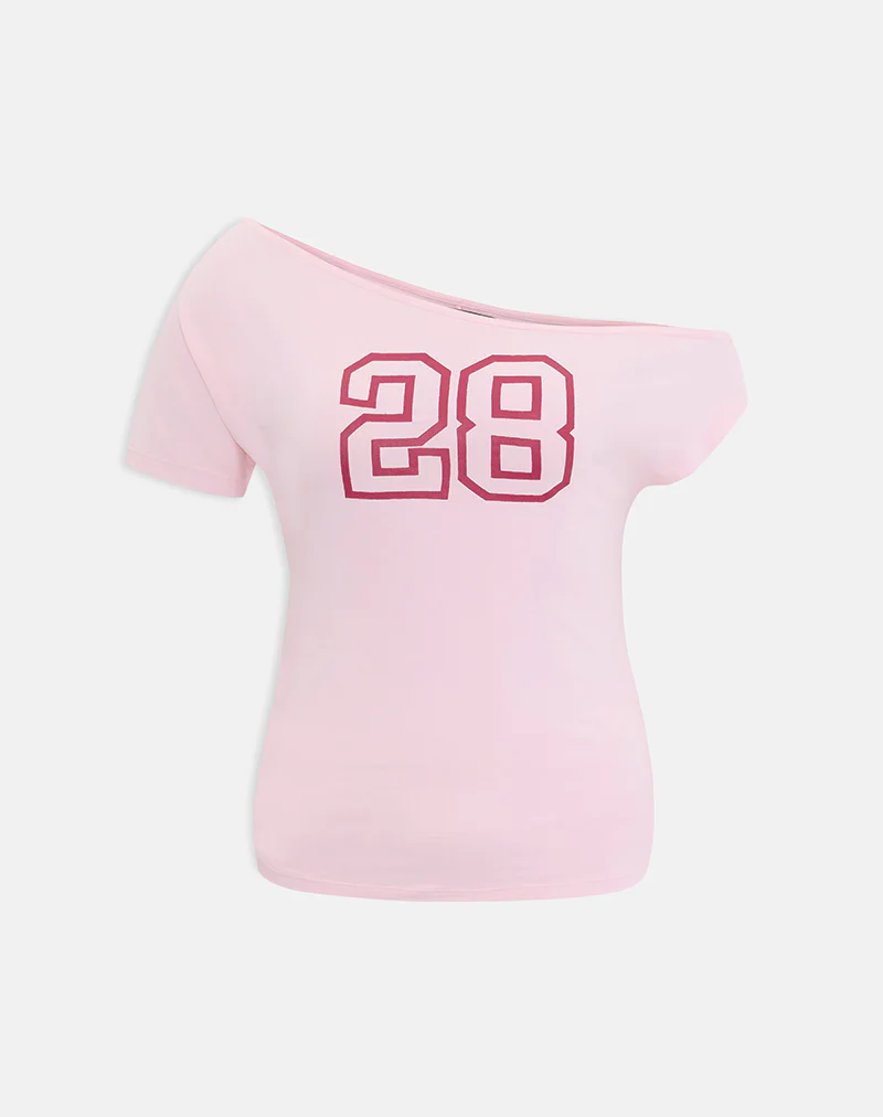 Danama One Shoulder Top in Rayon Jersey Light Pink with '28' Graphic - Image 4