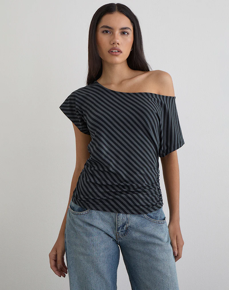 Danama One Shoulder Top in Oblique Stripe Ocean Storm