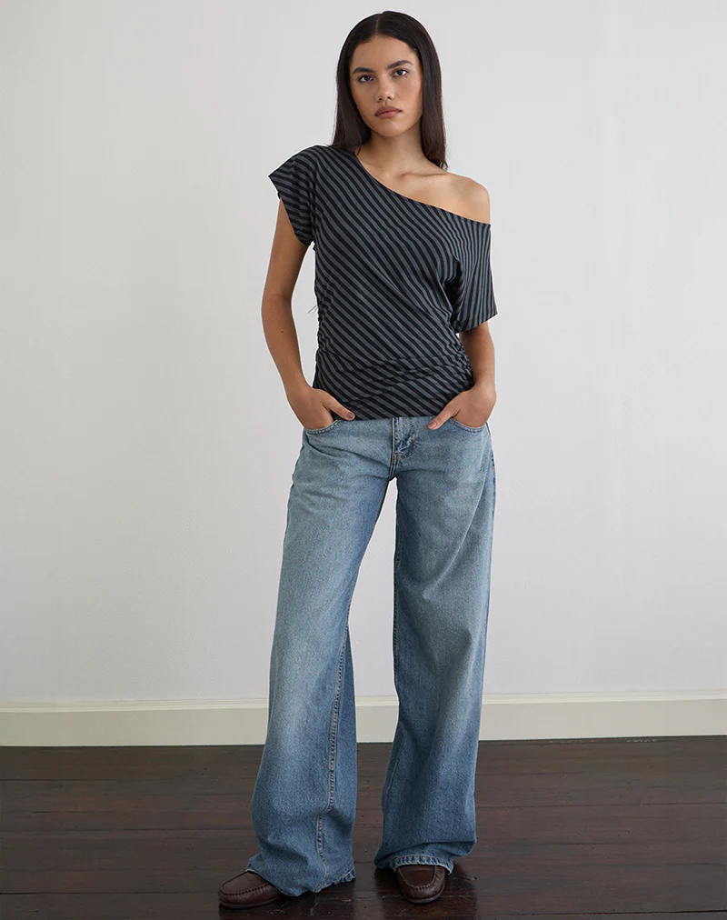 Danama One Shoulder Top in Oblique Stripe Ocean Storm - Image 2
