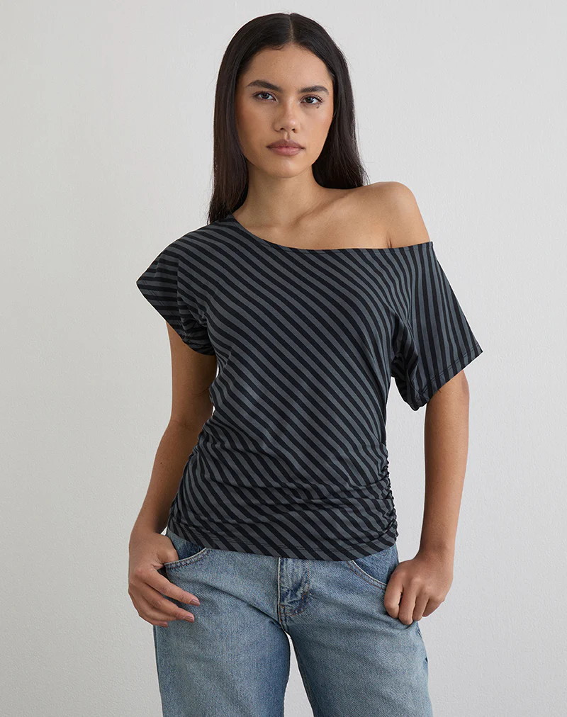 Danama One Shoulder Top in Oblique Stripe Ocean Storm - Image 4