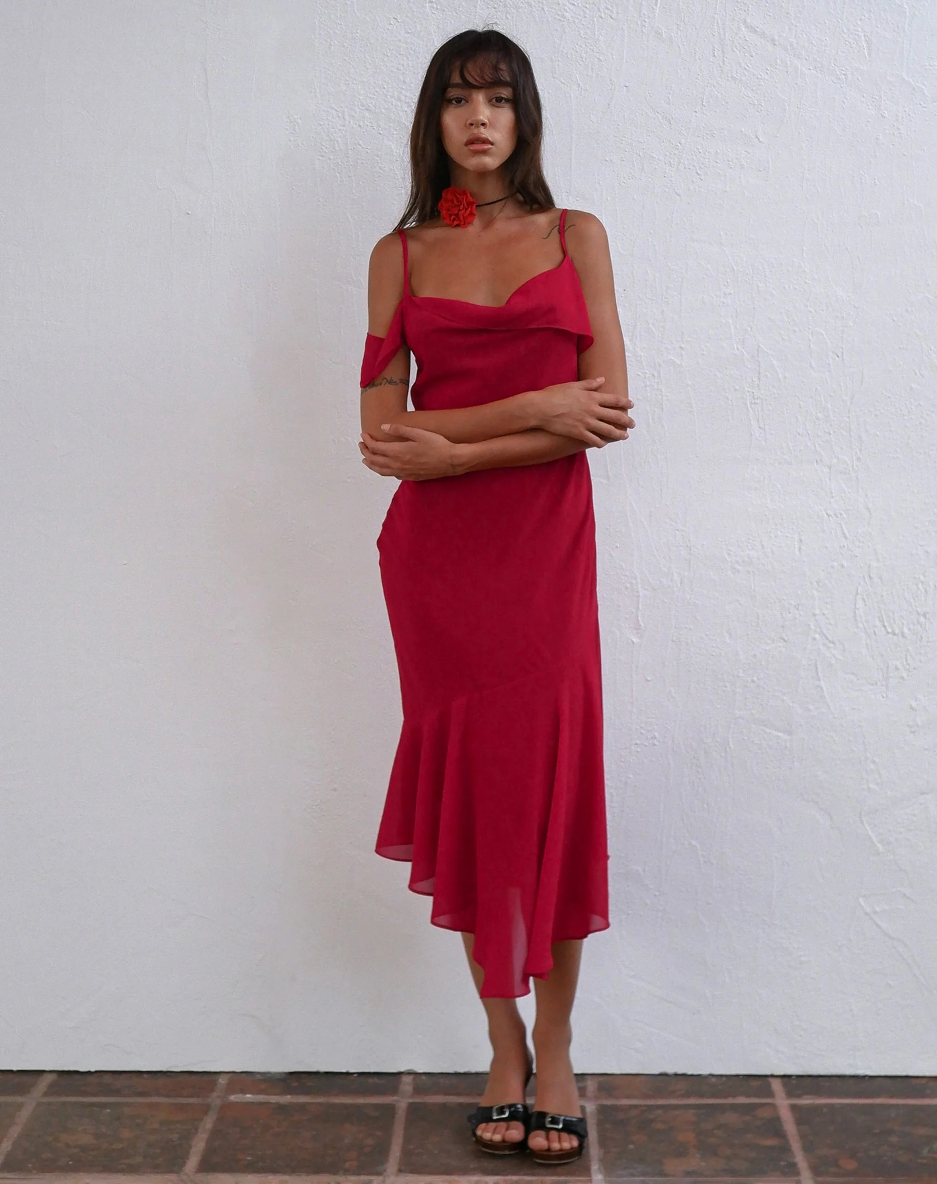 Dansya Midi Chiffon Dress in Red - Image 3