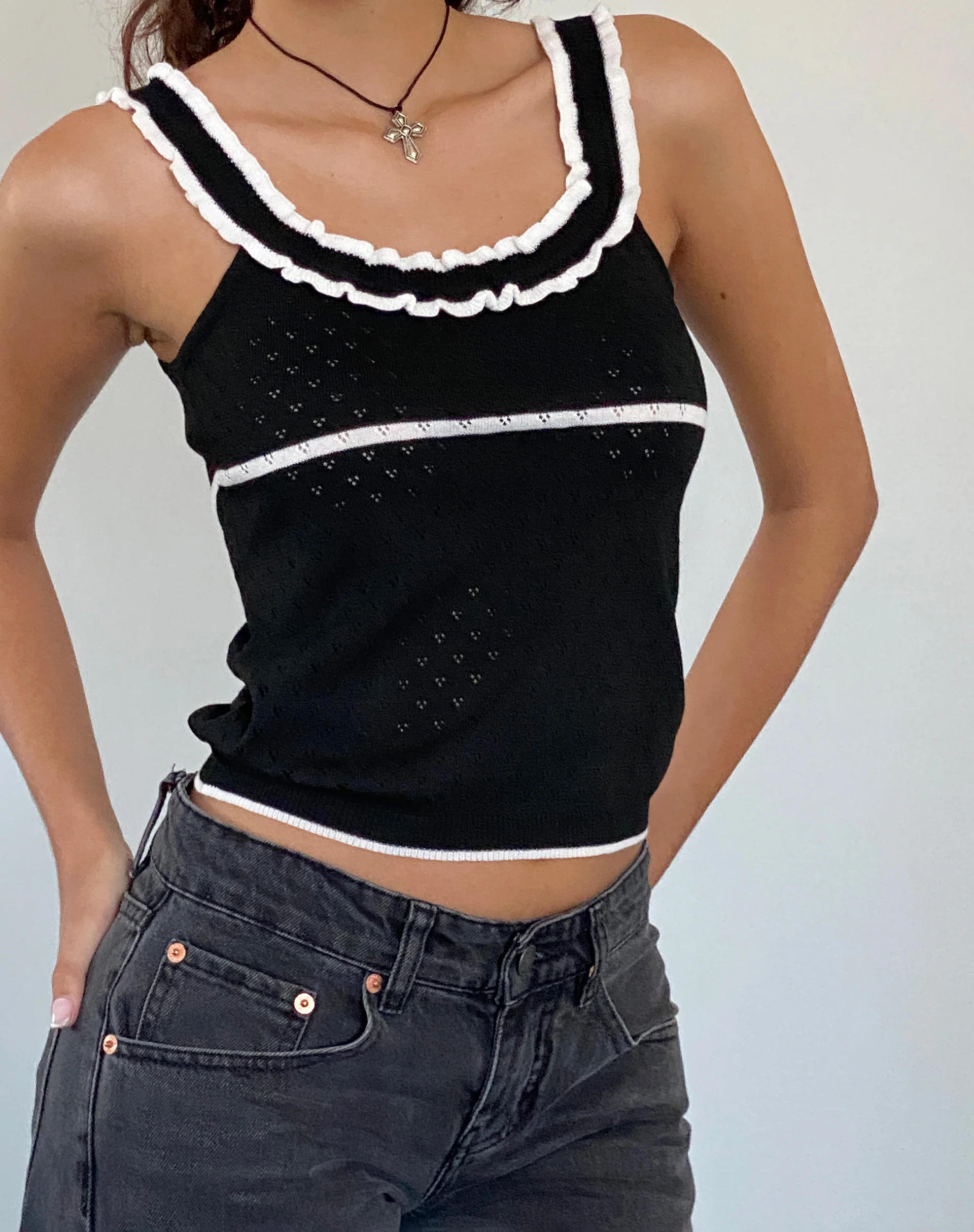Darcie Pointelle Top in Black with White Tipping - Image 2