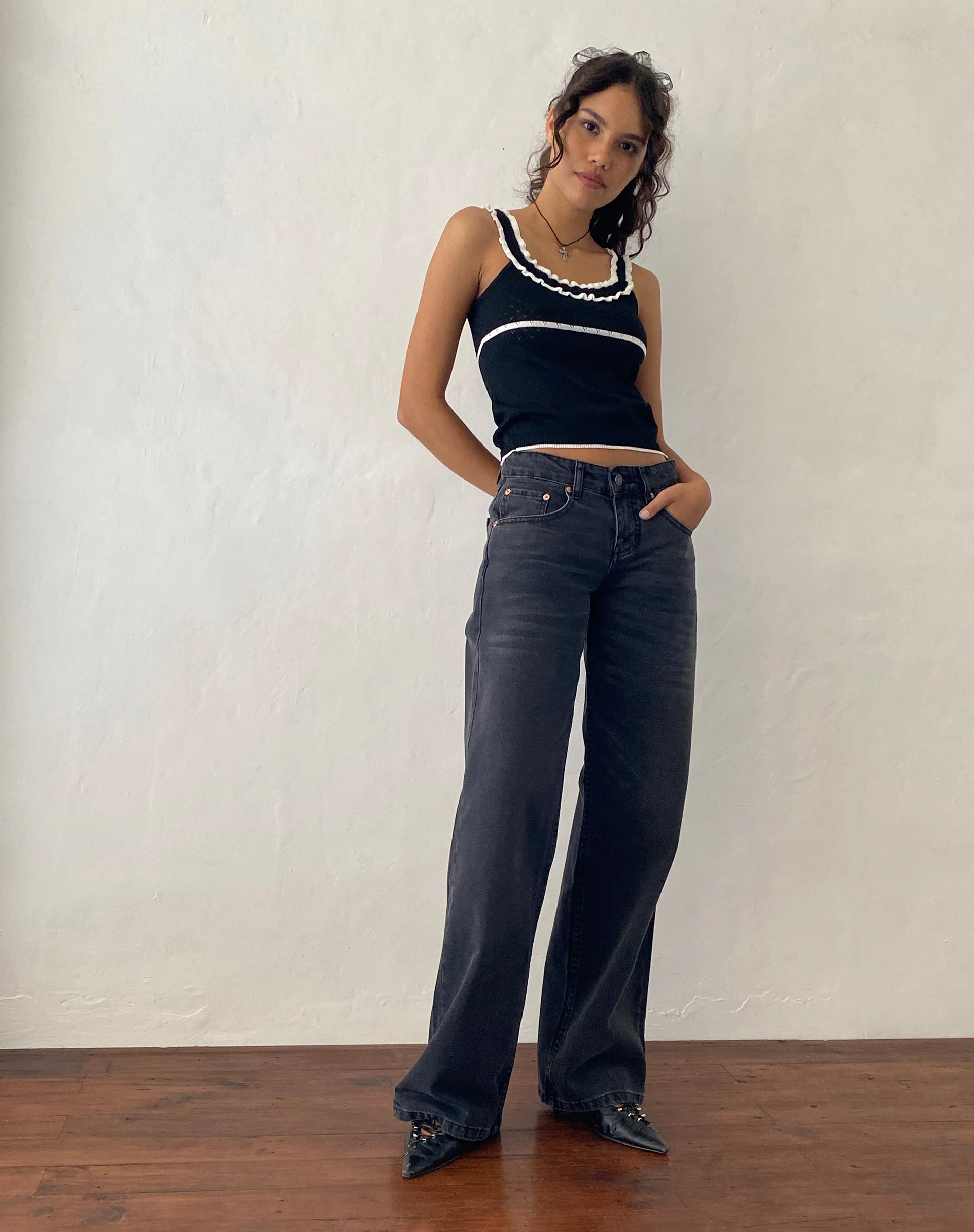 Darcie Pointelle Top in Black with White Tipping - Image 3