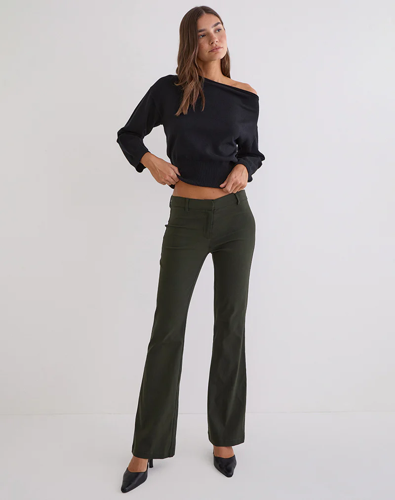 Darias Low Rise Flare Trouser in Dark Khaki - Image 6