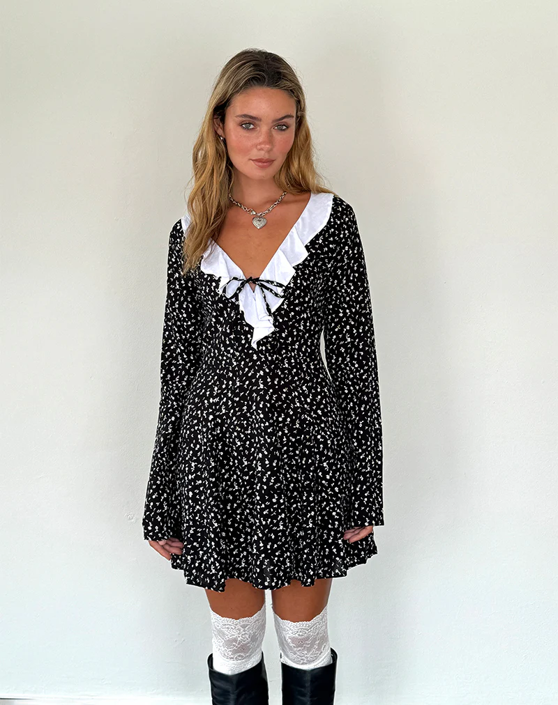 Darira Long Sleeve Mini Dress in Ditsy Romance Black - Image 3