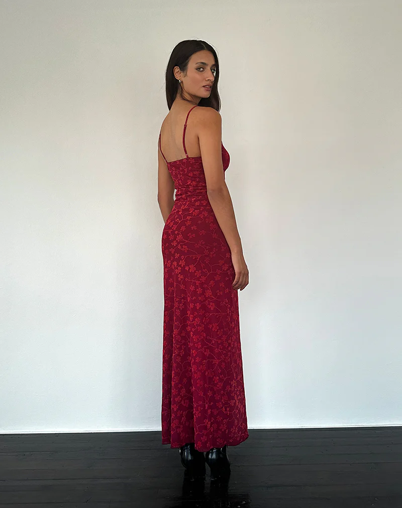 Darsih Cami Maxi Dress Red Grunge Floral Flock - Image 2