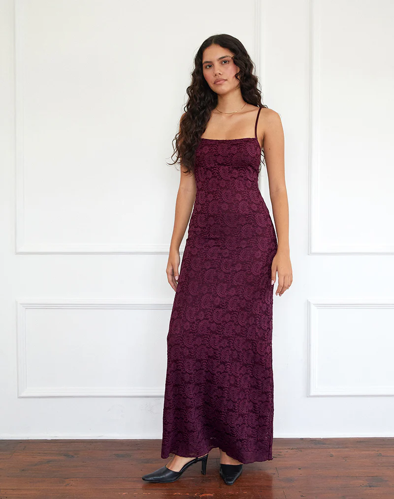 Darsih Cami Maxi Dress in Paisley Lace Burgundy - Image 5