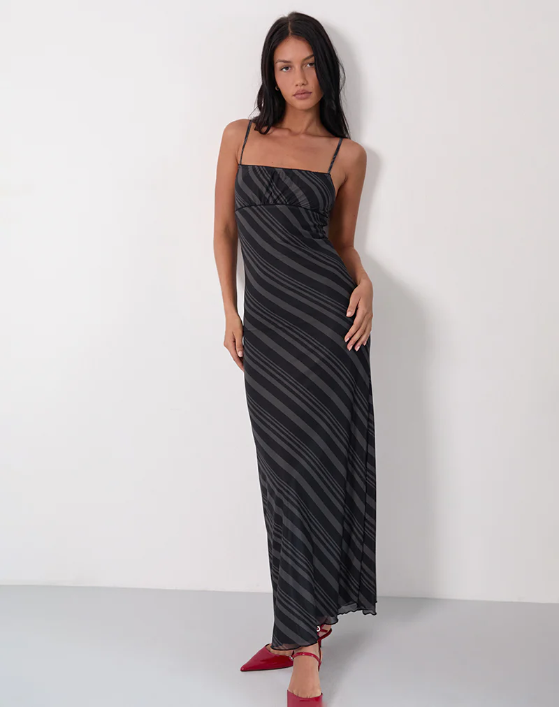 Darsih Maxi Dress in Irregular Stripe Grey Black - Image 2
