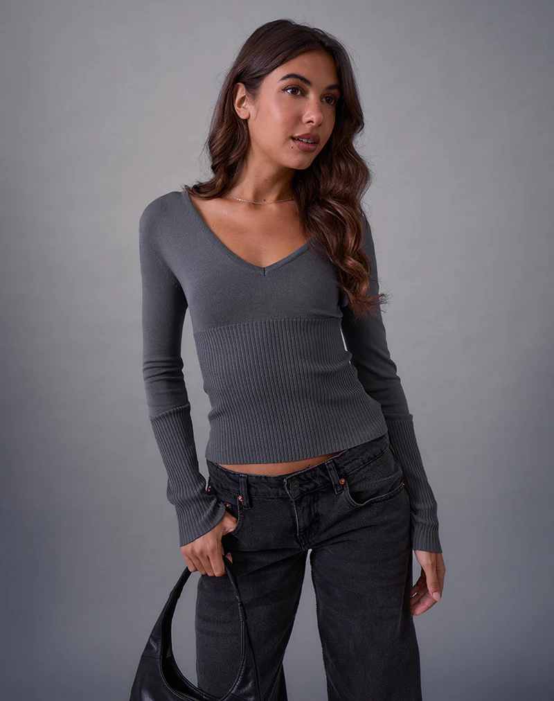 Darya Long Sleeve Knit Top in Slate Grey - Image 5