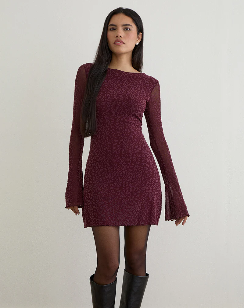 Dasa Long Sleeve Mini Dress in Flock Mini Leopard Plum - Image 5