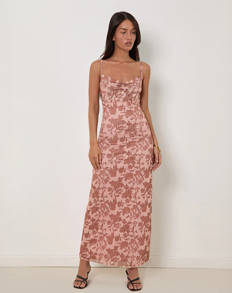 Dasita Cowl Neck Maxi Dress in Neutral Flower Print - Image 3
