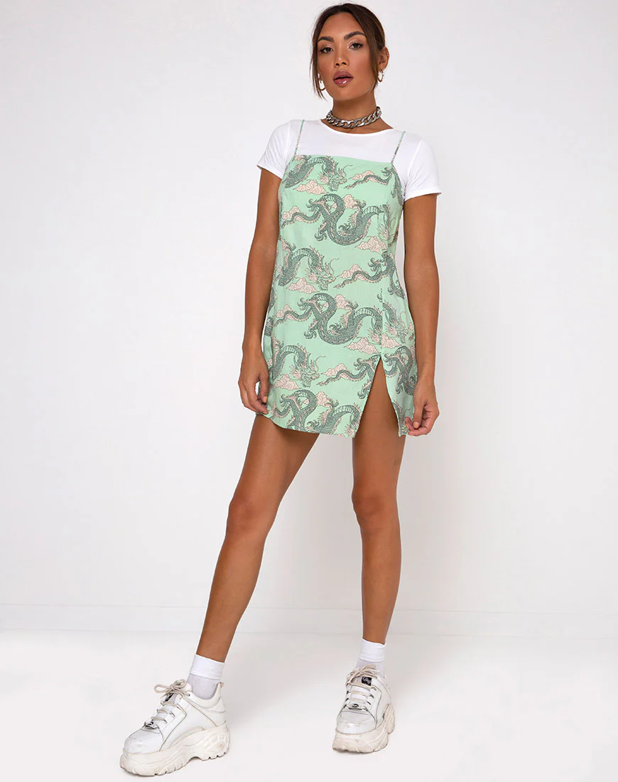 Datista Slip Dress in Chinese Dragon Neo Mint - Image 4