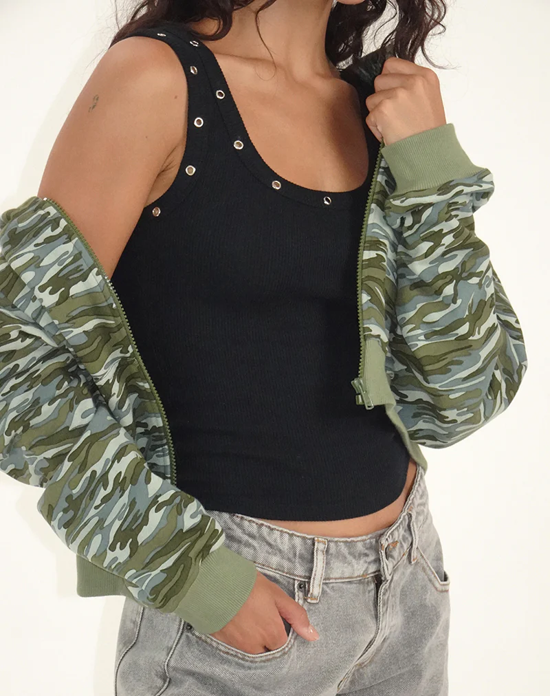 Dax Eyelet Ribbed Vest Top in Black - Image 2