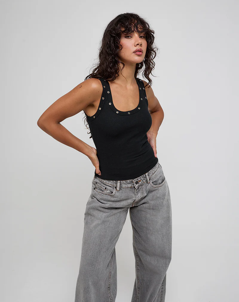 Dax Eyelet Ribbed Vest Top in Black - Image 3
