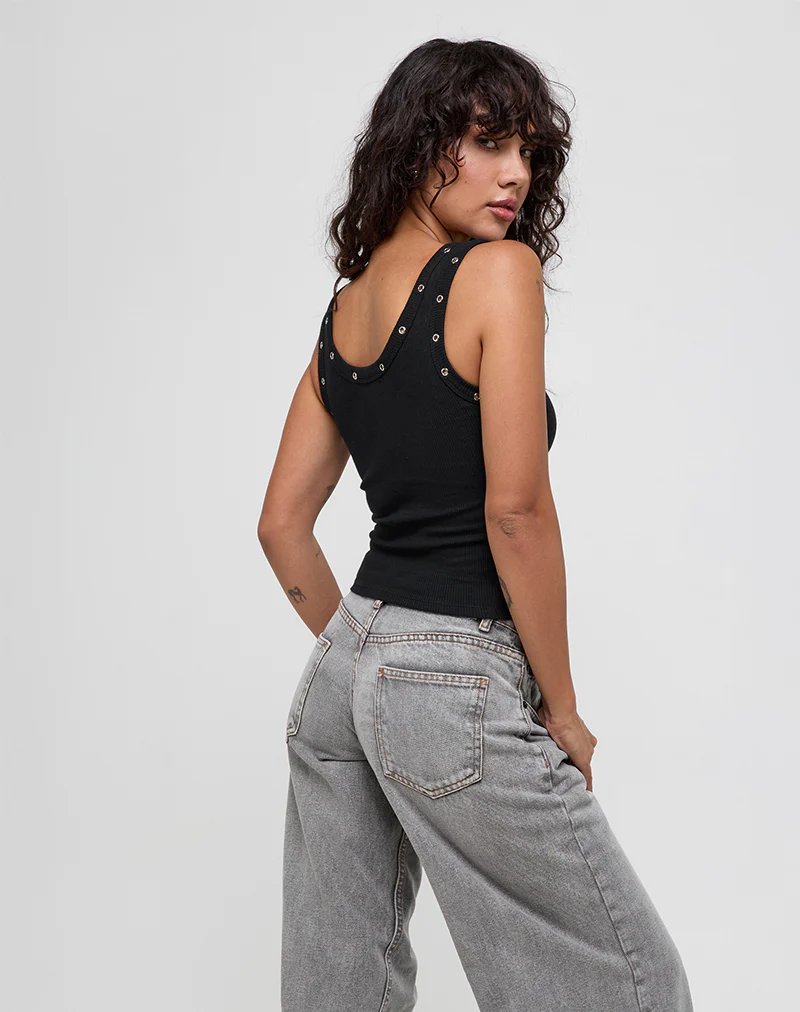 Dax Eyelet Ribbed Vest Top in Black - Image 5