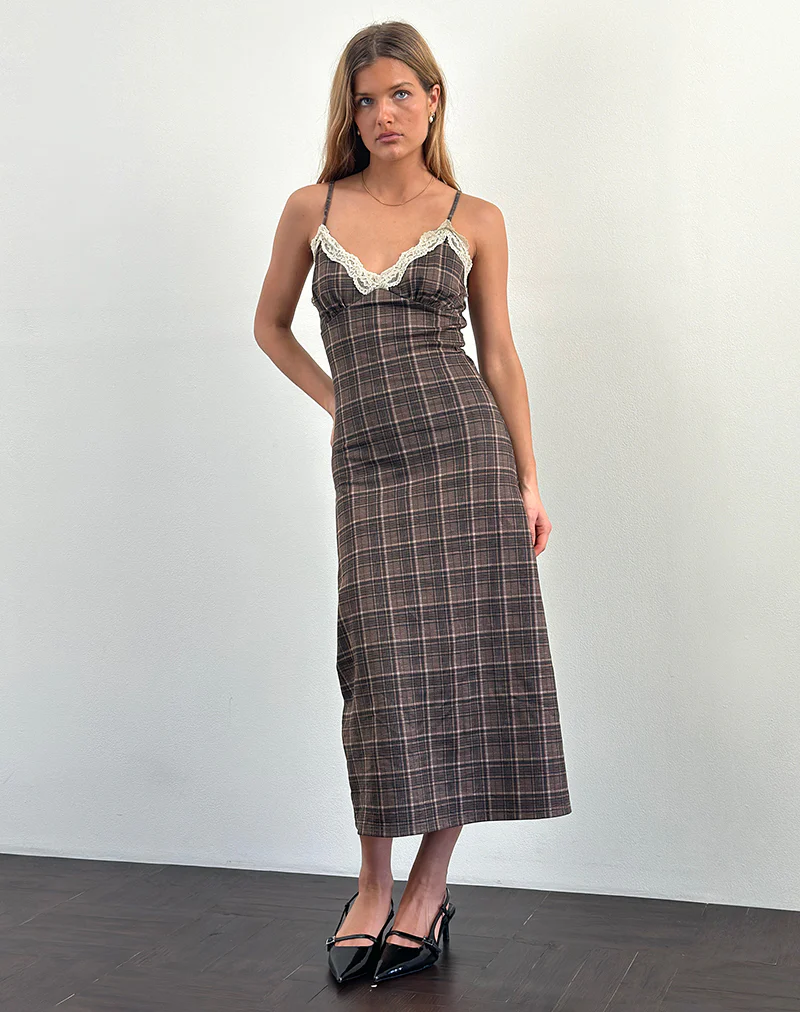 Delfina Midi Dress in Lace Brown Check - Image 2
