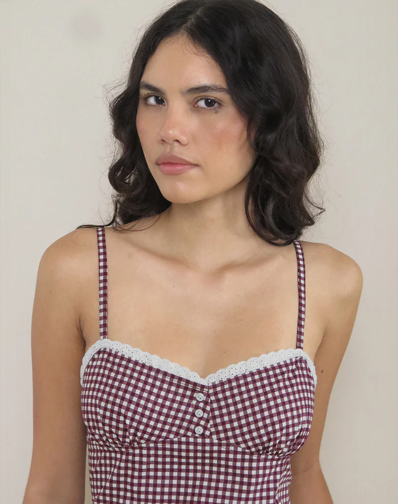 Delphine Mini Cami Dress in Mini Gingham Wine with White Lace - Image 4