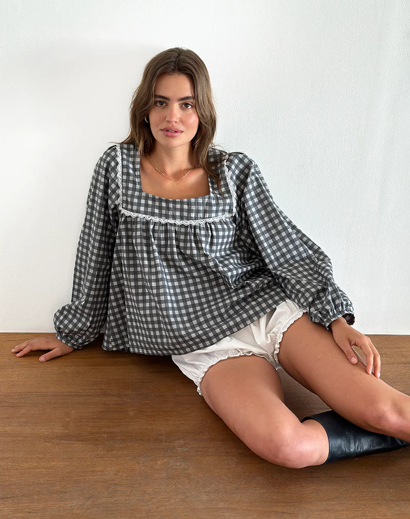 Demona Top in Tonal Gingham Black and Grey - Image 2