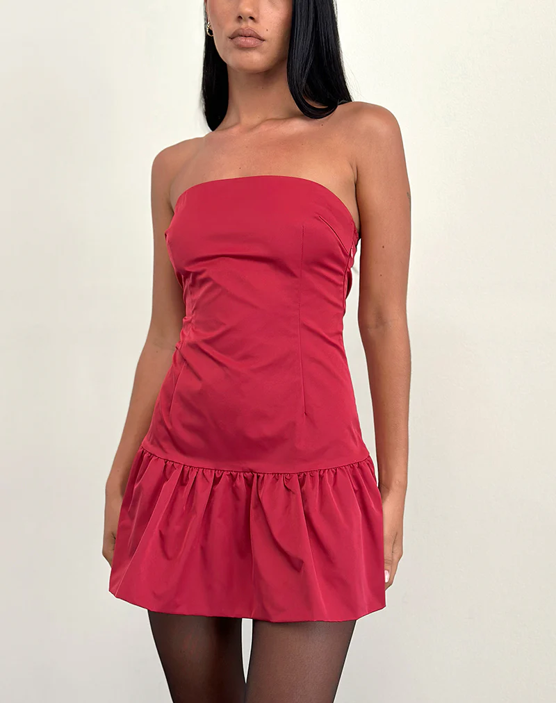 Denama Puffball Mini Dress in Deep Red - Image 2