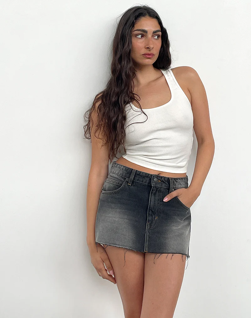 Raw Hem Denim Mini Skirt in Grey Used Bleach - Image 2