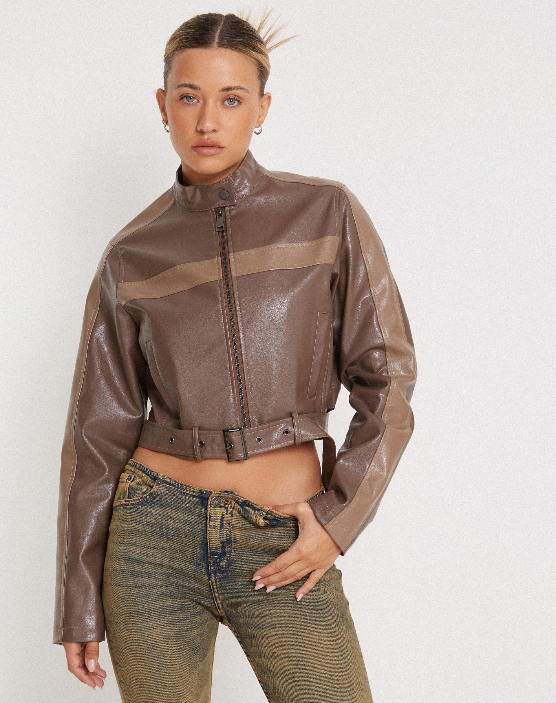 Derby Zip Up Jacket in PU Tonal Brown - Image 5