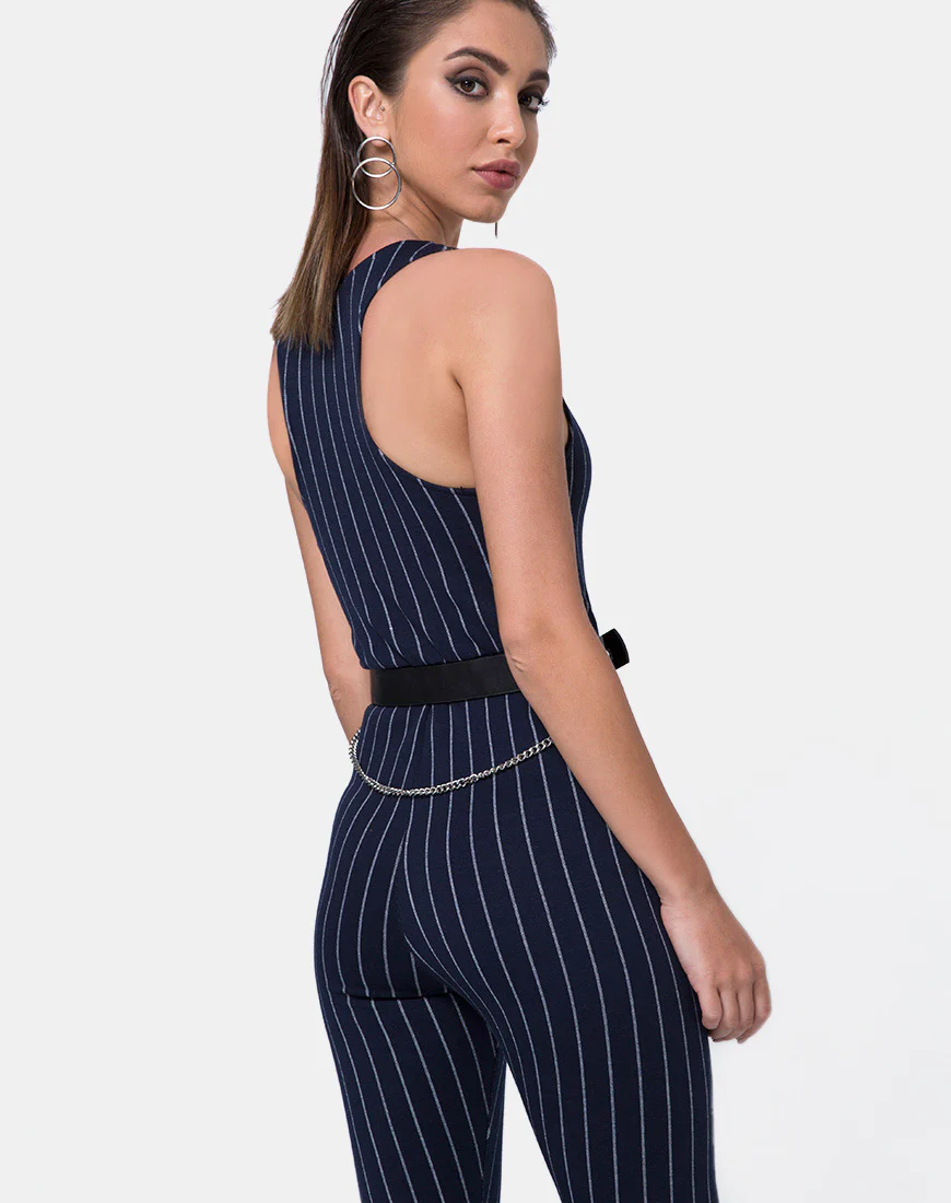 Devile Unitard in Pinstripe Navy - Image 2