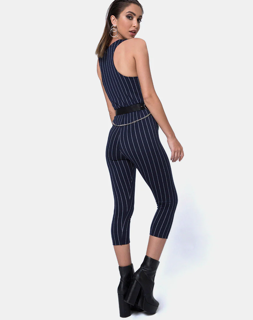 Devile Unitard in Pinstripe Navy - Image 4
