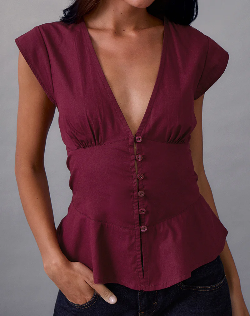 Devlin V Neck Blouse in Poplin Burgundy - Image 2